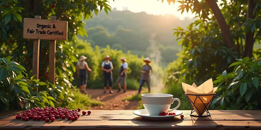 Im Hintergrund stehen Kaffeebauern an der Plantage. Auf einem Tisch steht eine Tasse Kaffee.