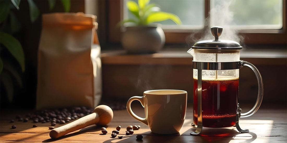 Eine French Press mit frischen Kaffee steht neben einer Tasse Kaffee