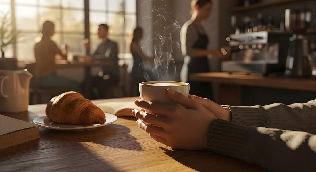 Dampfender Kaffee wird in einem Café am Tisch getrunken. Ein Croissant steht daneben.