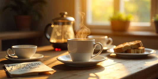 Ein gedeckter Frühstückstisch mit einer Tasse dampfendem Kaffee aus der French Press.